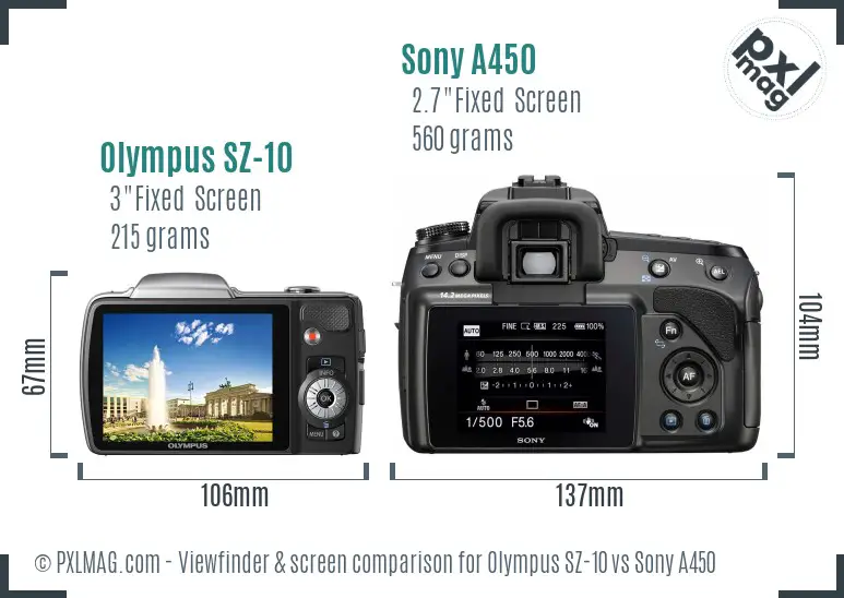 Olympus SZ-10 vs Sony A450 Screen and Viewfinder comparison