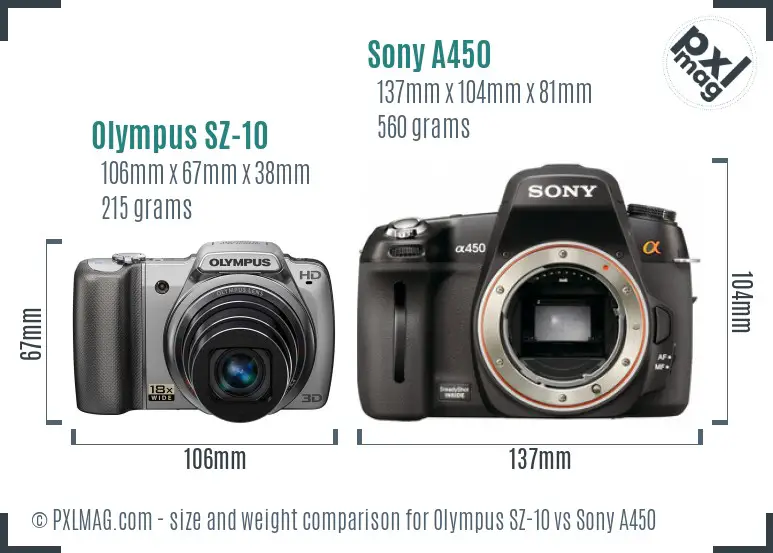 Olympus SZ-10 vs Sony A450 size comparison