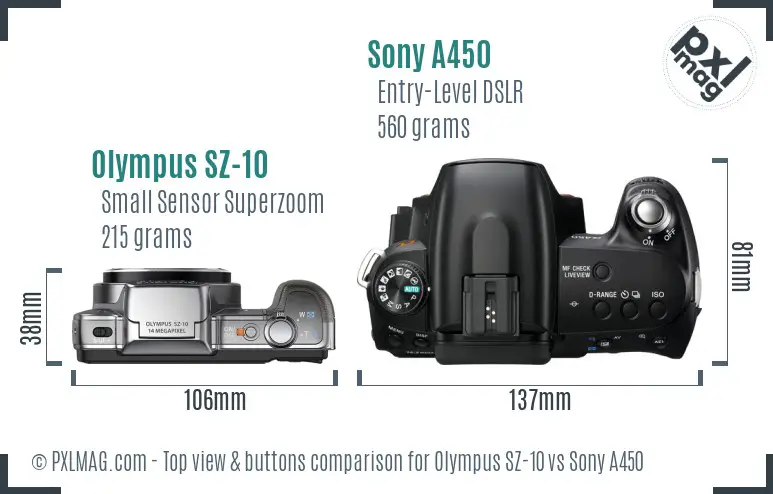 Olympus SZ-10 vs Sony A450 top view buttons comparison
