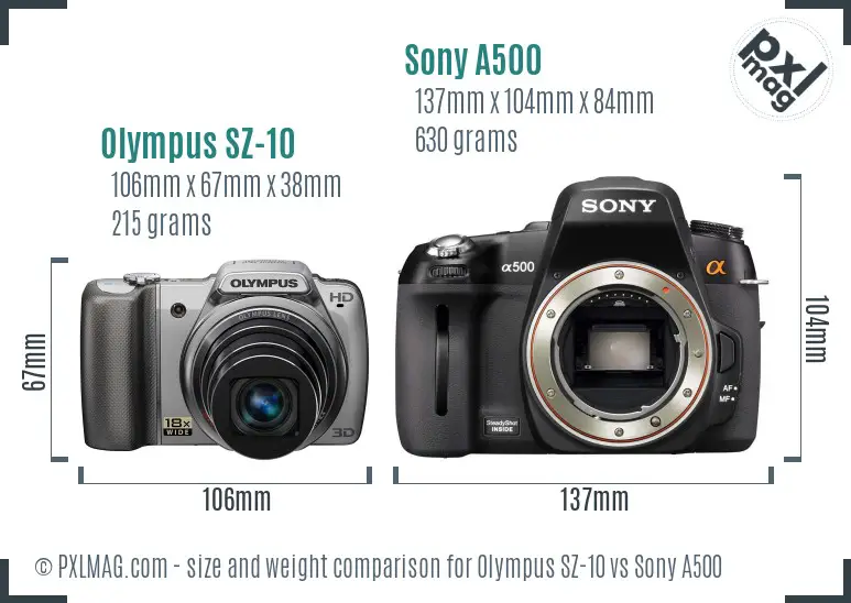 Olympus SZ-10 vs Sony A500 size comparison