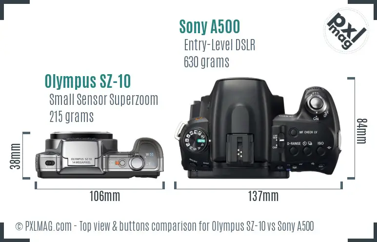 Olympus SZ-10 vs Sony A500 top view buttons comparison