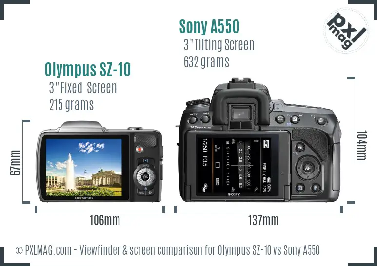 Olympus SZ-10 vs Sony A550 Screen and Viewfinder comparison