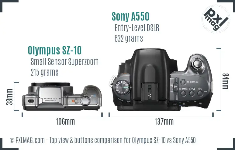 Olympus SZ-10 vs Sony A550 top view buttons comparison