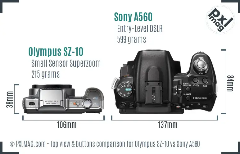 Olympus SZ-10 vs Sony A560 top view buttons comparison