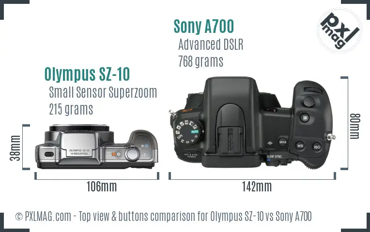 Olympus SZ-10 vs Sony A700 top view buttons comparison