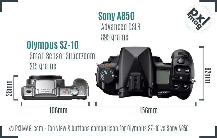 Olympus SZ-10 vs Sony A850 top view buttons comparison