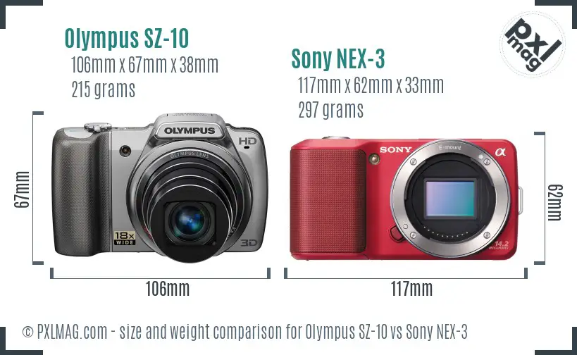Olympus SZ-10 vs Sony NEX-3 size comparison