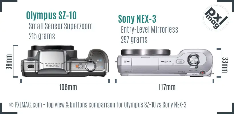 Olympus SZ-10 vs Sony NEX-3 top view buttons comparison