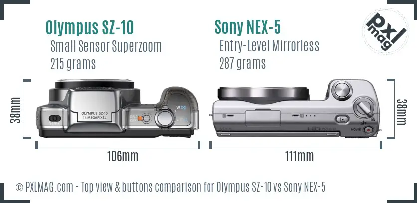 Olympus SZ-10 vs Sony NEX-5 top view buttons comparison