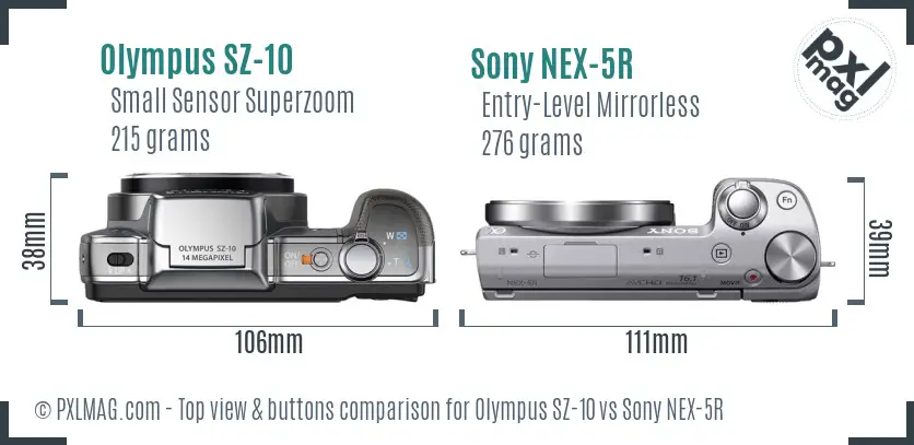 Olympus SZ-10 vs Sony NEX-5R top view buttons comparison