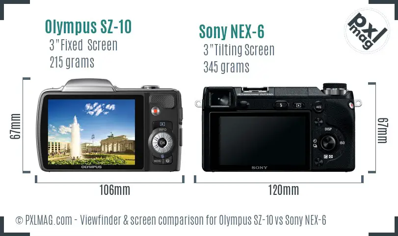 Olympus SZ-10 vs Sony NEX-6 Screen and Viewfinder comparison