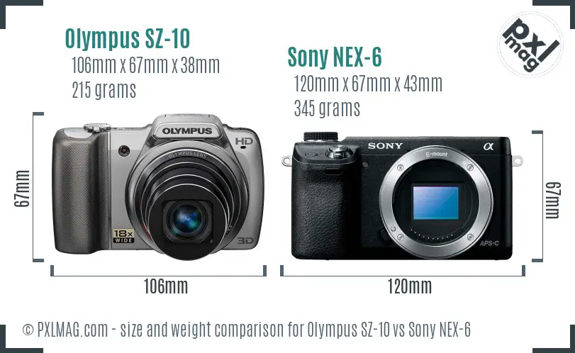 Olympus SZ-10 vs Sony NEX-6 size comparison