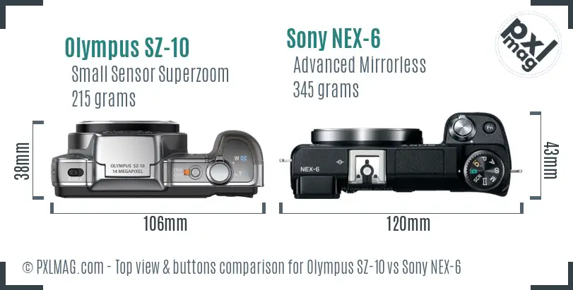 Olympus SZ-10 vs Sony NEX-6 top view buttons comparison
