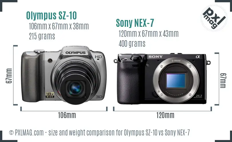 Olympus SZ-10 vs Sony NEX-7 size comparison