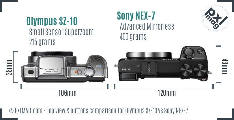 Olympus SZ-10 vs Sony NEX-7 top view buttons comparison