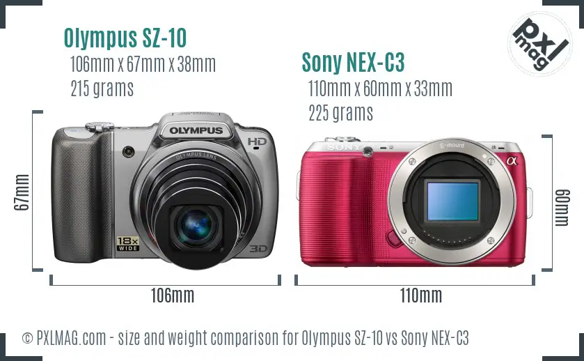 Olympus SZ-10 vs Sony NEX-C3 size comparison