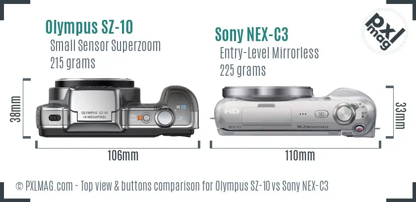 Olympus SZ-10 vs Sony NEX-C3 top view buttons comparison