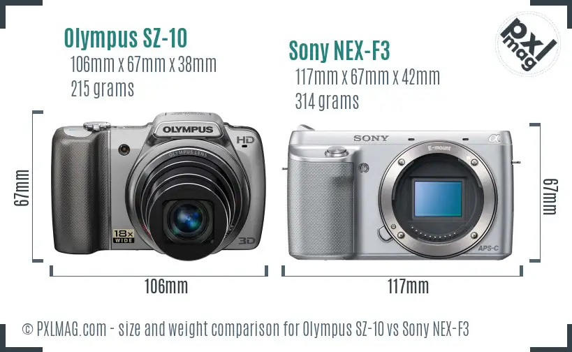 Olympus SZ-10 vs Sony NEX-F3 size comparison
