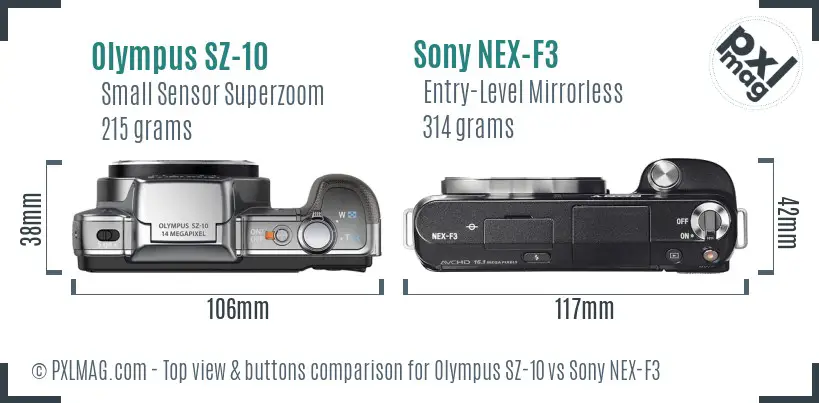 Olympus SZ-10 vs Sony NEX-F3 top view buttons comparison