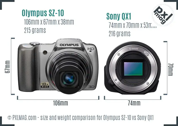 Olympus SZ-10 vs Sony QX1 size comparison