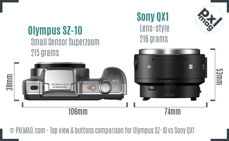 Olympus SZ-10 vs Sony QX1 top view buttons comparison