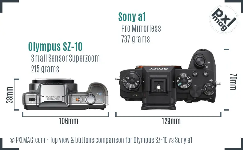 Olympus SZ-10 vs Sony a1 top view buttons comparison Olympus SZ-10 vs Sony a1 top view buttons comparison
