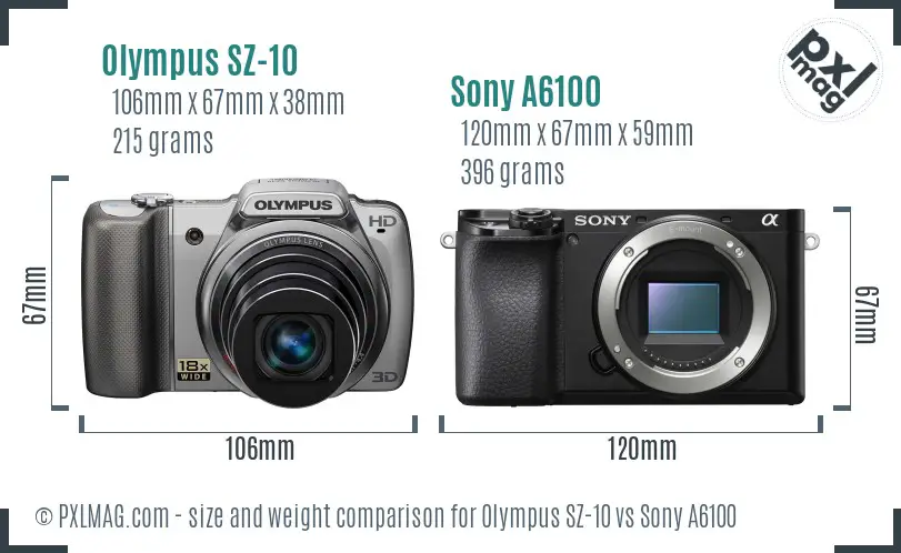 Olympus SZ-10 vs Sony A6100 size comparison