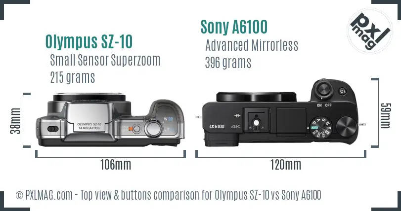 Olympus SZ-10 vs Sony A6100 top view buttons comparison