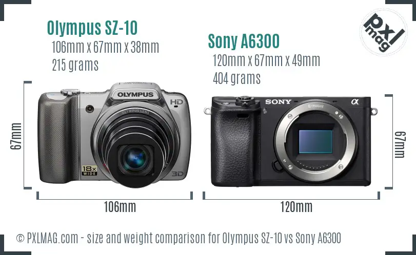 Olympus SZ-10 vs Sony A6300 size comparison