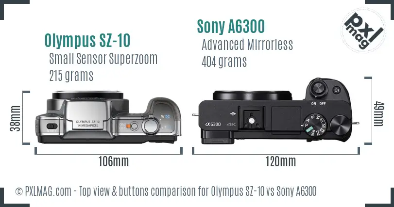Olympus SZ-10 vs Sony A6300 top view buttons comparison