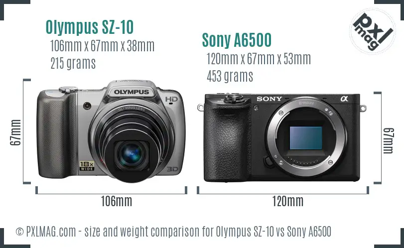 Olympus SZ-10 vs Sony A6500 size comparison