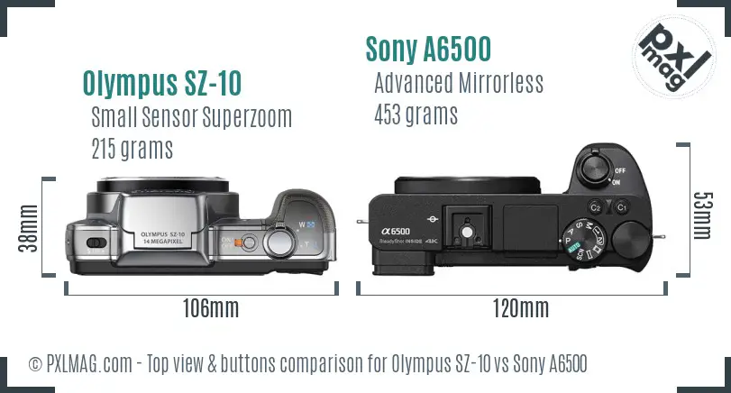 Olympus SZ-10 vs Sony A6500 top view buttons comparison