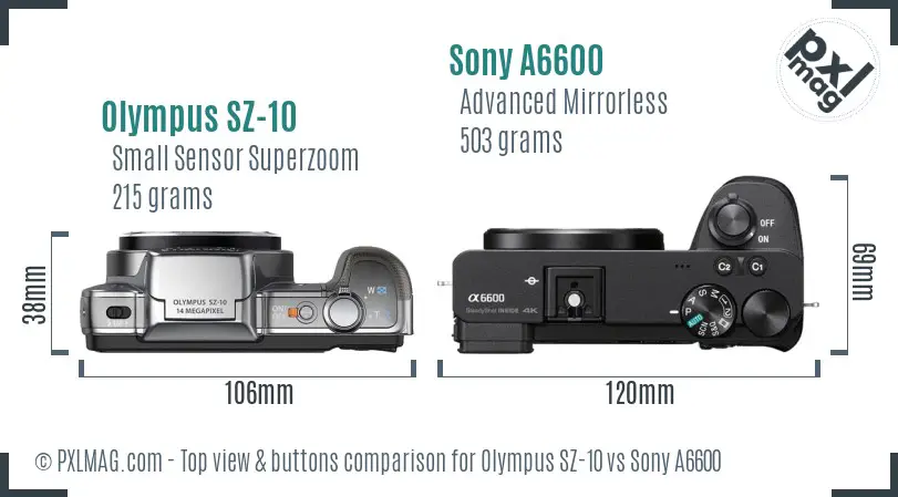 Olympus SZ-10 vs Sony A6600 top view buttons comparison