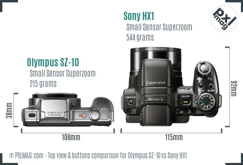 Olympus SZ-10 vs Sony HX1 top view buttons comparison