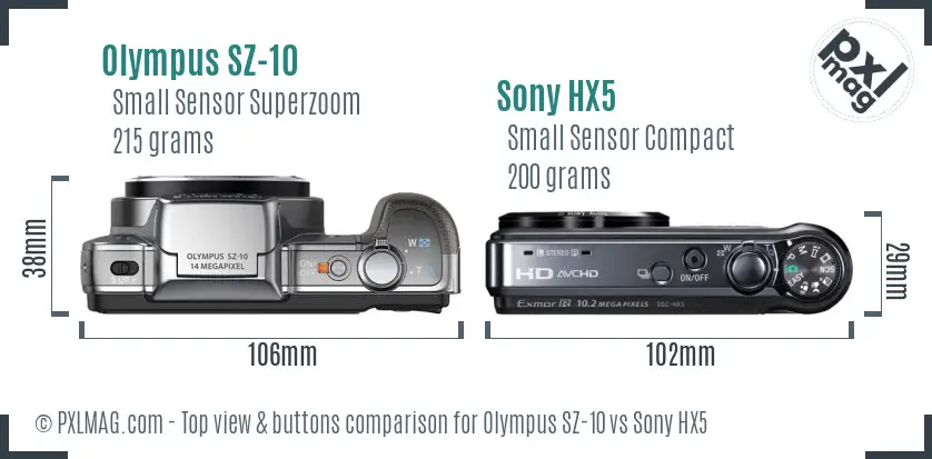 Olympus SZ-10 vs Sony HX5 top view buttons comparison