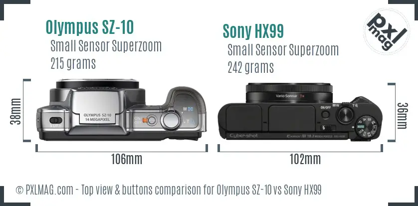 Olympus SZ-10 vs Sony HX99 top view buttons comparison