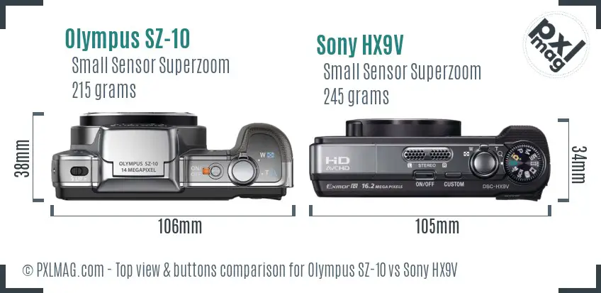 Olympus SZ-10 vs Sony HX9V top view buttons comparison