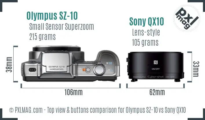 Olympus SZ-10 vs Sony QX10 top view buttons comparison