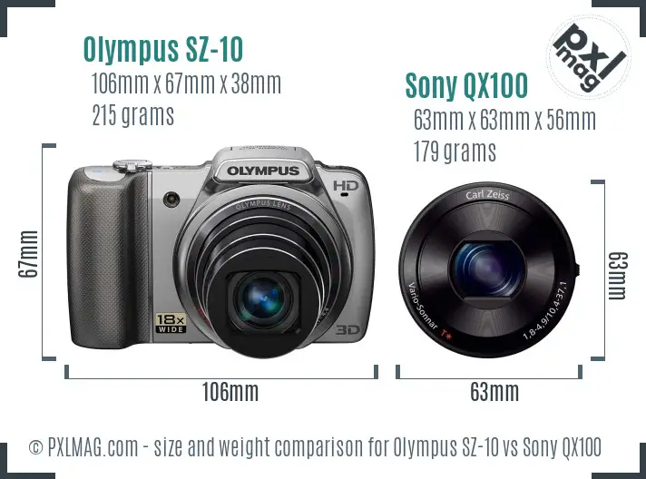 Olympus SZ-10 vs Sony QX100 size comparison