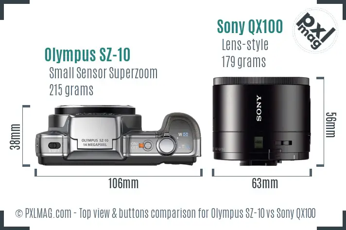 Olympus SZ-10 vs Sony QX100 top view buttons comparison