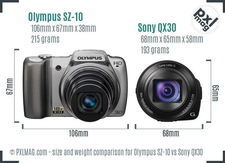 Olympus SZ-10 vs Sony QX30 size comparison