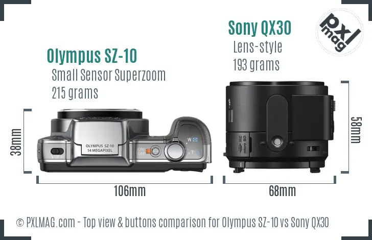 Olympus SZ-10 vs Sony QX30 top view buttons comparison