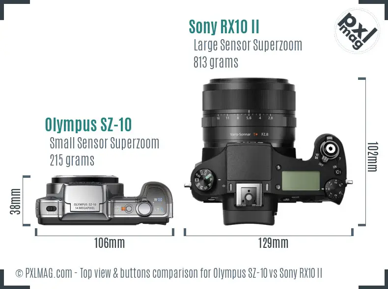 Olympus SZ-10 vs Sony RX10 II top view buttons comparison