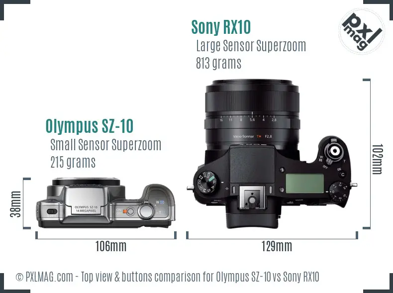 Olympus SZ-10 vs Sony RX10 top view buttons comparison