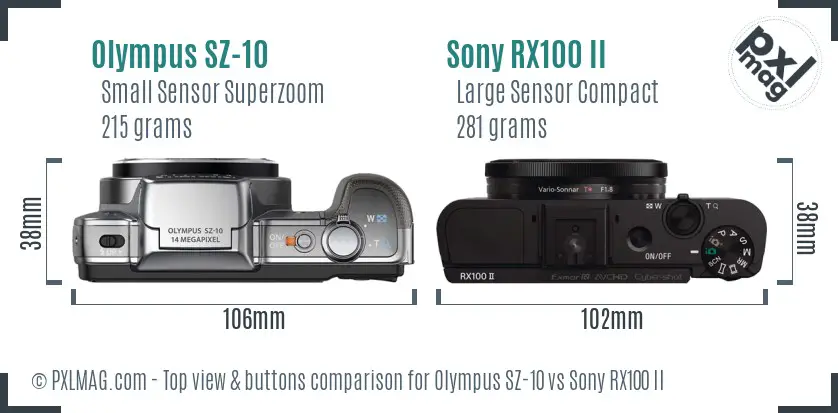 Olympus SZ-10 vs Sony RX100 II top view buttons comparison