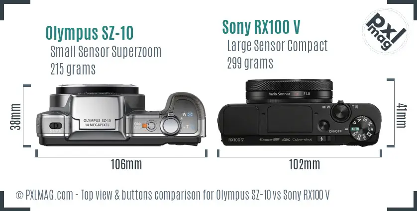 Olympus SZ-10 vs Sony RX100 V top view buttons comparison