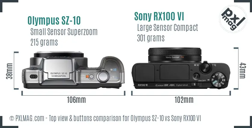 Olympus SZ-10 vs Sony RX100 VI top view buttons comparison