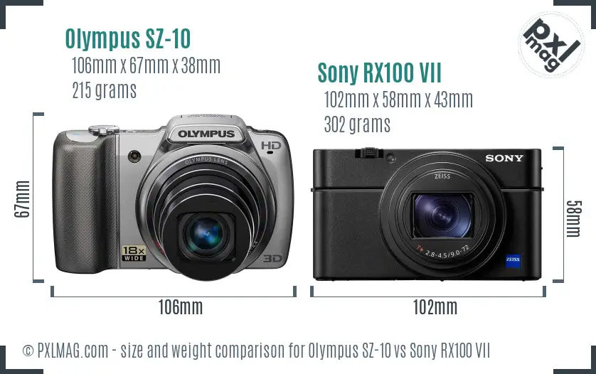 Olympus SZ-10 vs Sony RX100 VII size comparison