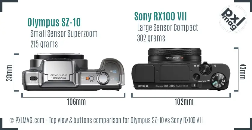 Olympus SZ-10 vs Sony RX100 VII top view buttons comparison