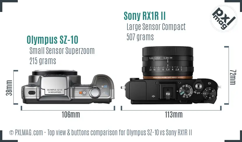 Olympus SZ-10 vs Sony RX1R II top view buttons comparison